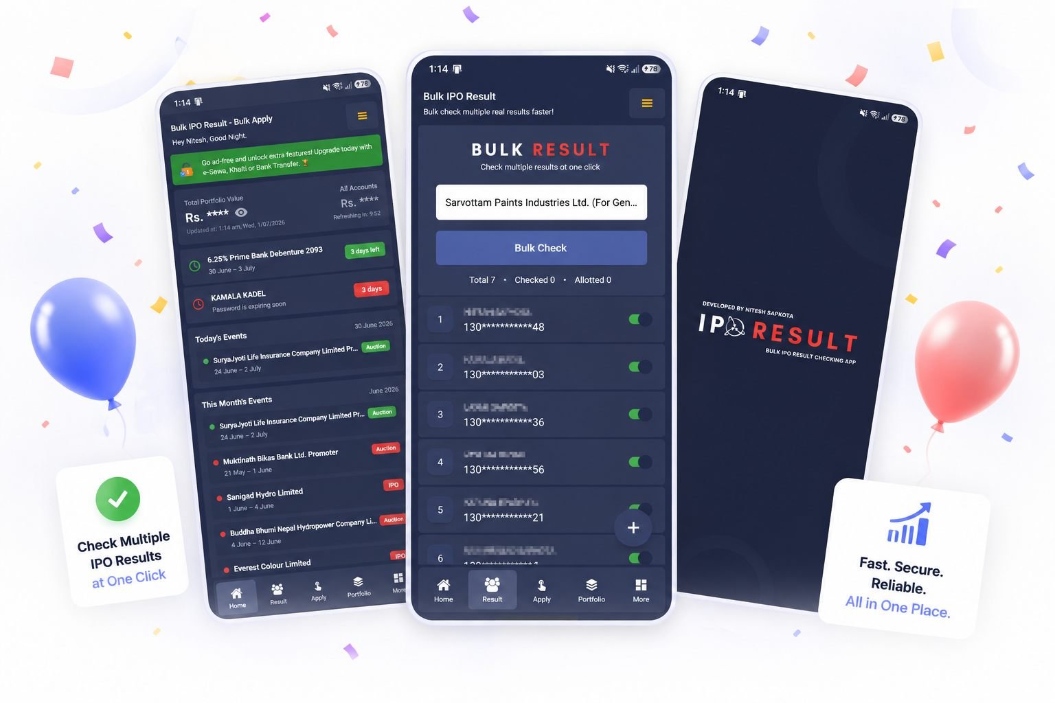 Bulk IPO Result app screens: bulk result checking, dashboard and portfolio