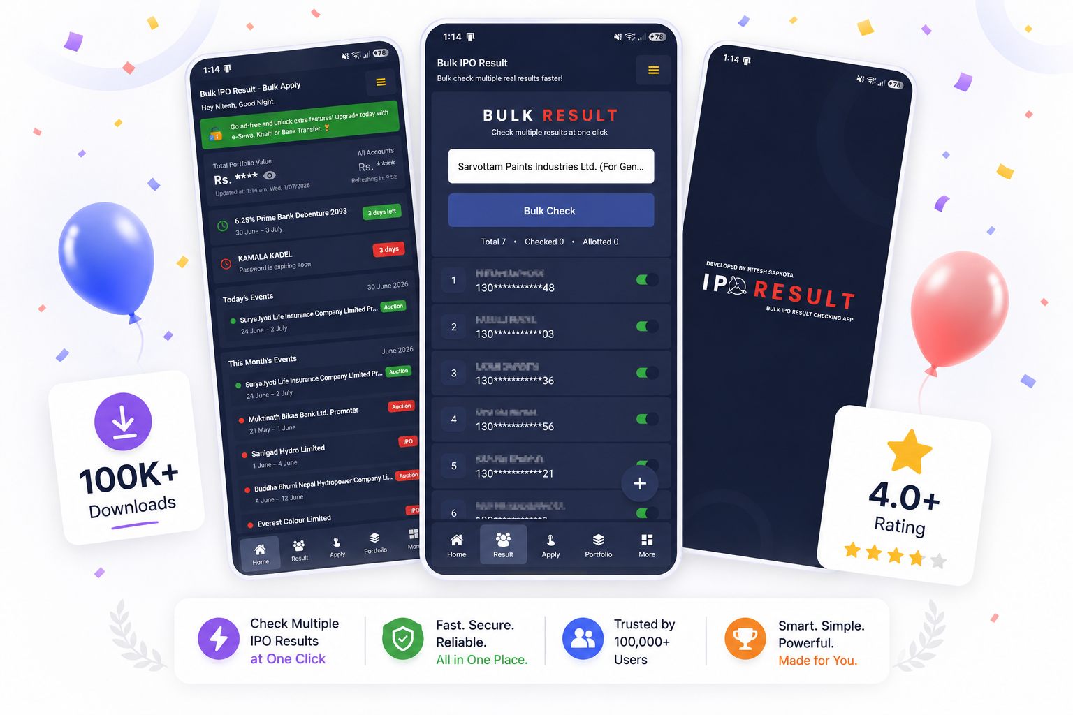 Bulk IPO Result app — bulk result checking, home dashboard and portfolio screens